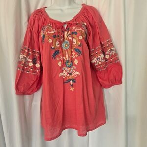 Kyle Seo Boho Embroidered Summer Coral Sheer Blouse Top Size XL